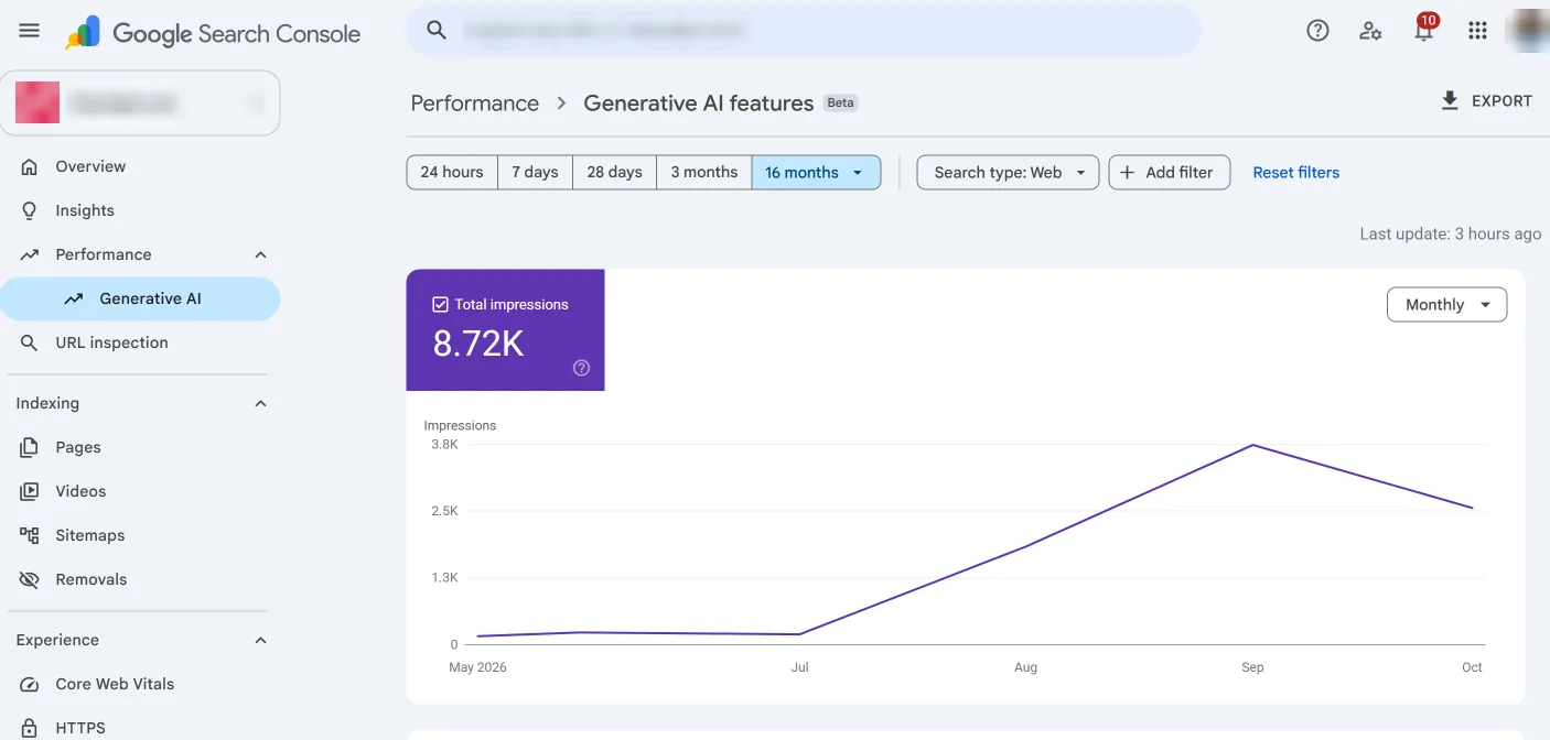 Search Console Generative AI features report